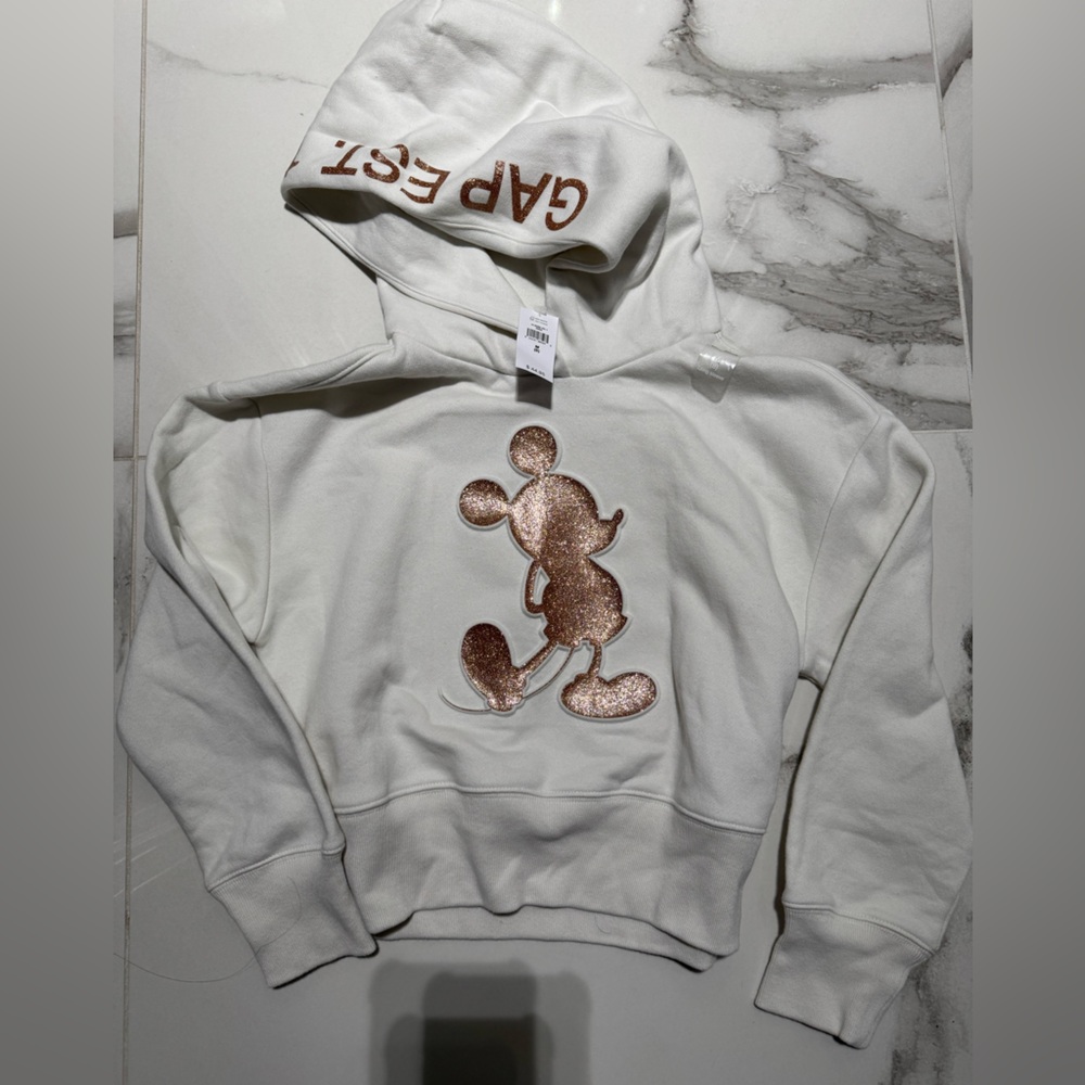 GAP Cream Hoodie with Rose Gold Mickey Mouse Glitter Character